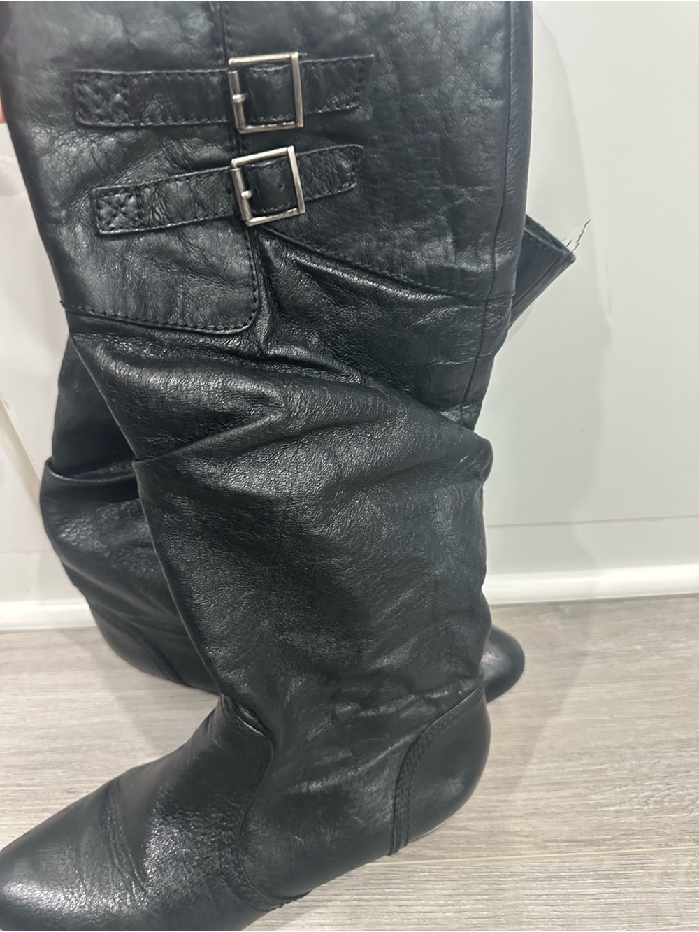 Steve Madden Black Knee-High Leather Boots with Buckle Detail